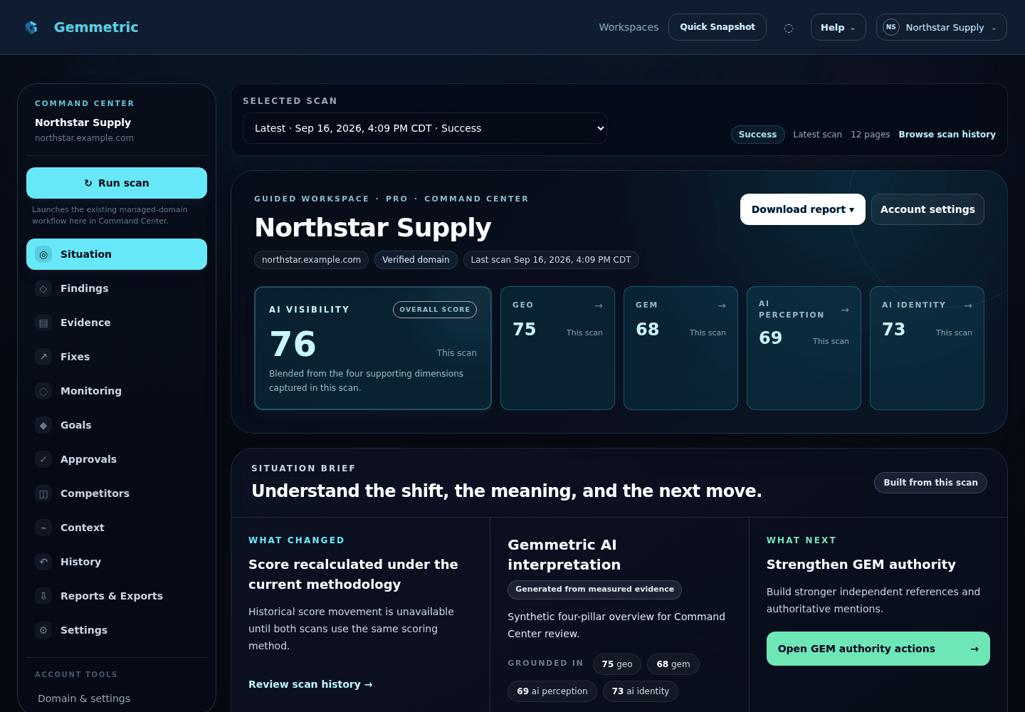 Gemmetric Situation Brief with AI Visibility, GEO, GEM, AI Perception, and AI Identity scores